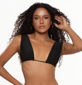 This image features a striking black wide strap bikini top modeled by a woman with curly hair. The bikini top is designed with bold, wide straps and an adjustable back tie, emphasizing a secure and customizable fit.