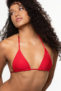 This image showcases a vibrant red triangle bikini top, designed with a minimalist aesthetic. The top features adjustable ties at both the neck and back, providing a customizable fit.